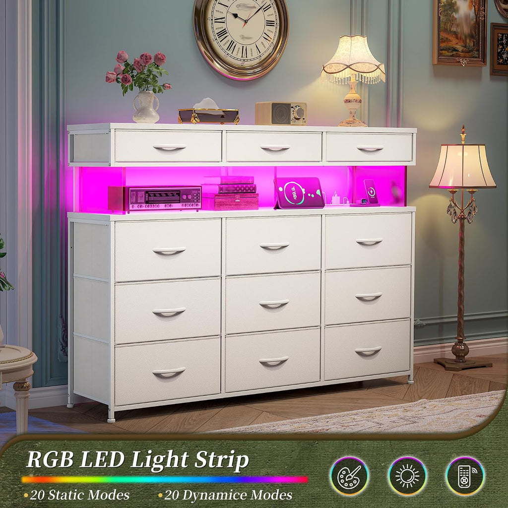 Romorgniz White Dresser for Bedroom with Charging Station and LED Lights, Fabric Dressers & Chest of Drawers, Dresser TV Stands for Living Room, Open Shelves, 10MM Thick Acrylic Sheet