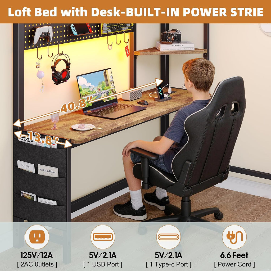 Dnxao Twin Loft Bed with Desk, Twin Bed Frame with 6 Storage Drawers, 2 Bedside Organizer,3 Movable Hooks,LED Lights & Charging Station,Bunk Bed with Desk, Clothes Rack,Safety Guardrail,Rustic Brown