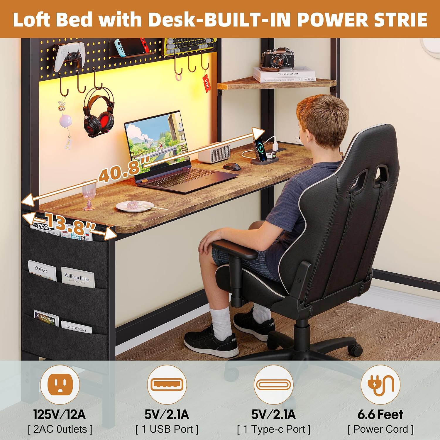 Dnxao Twin Loft Bed with Desk, Twin Bed Frame with 6 Storage Drawers, 2 Bedside Organizer,3 Movable Hooks,LED Lights & Charging Station,Bunk Bed with Desk, Clothes Rack,Safety Guardrail,Rustic Brown