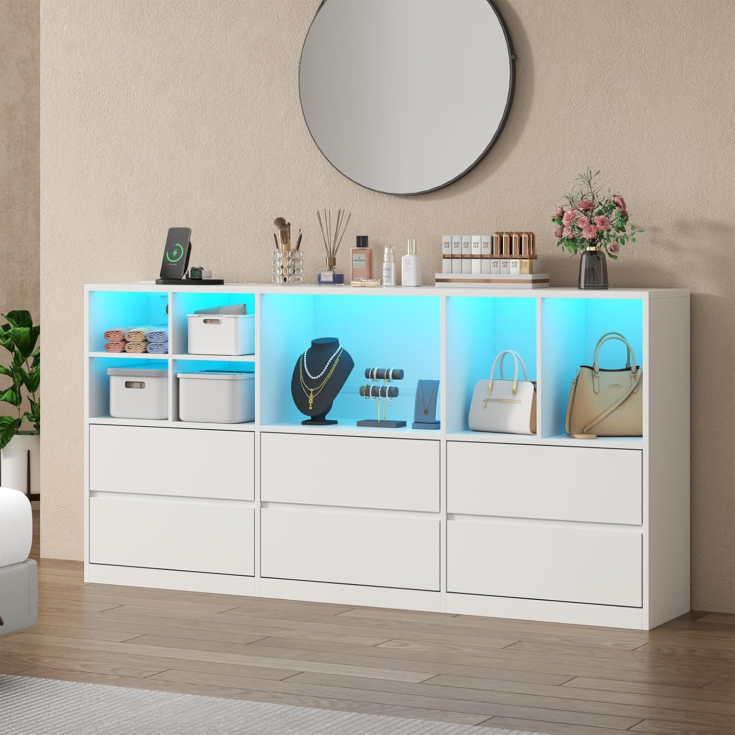 Gyfimoie White Dresser for Bedroom with 6 Drawers, Chest of Drawers with Led Lights&Charging Station, 63' Long Dresser with 7 Open Cubbies, Storage Drawers for Living Room, Closet, Hallway (White)