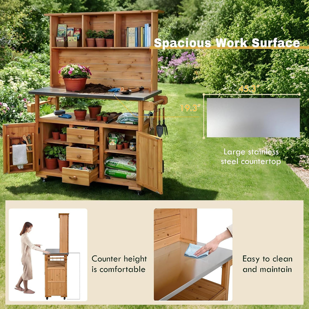 Outdoor Garden Potting Bench, Table Work Bench Metal Tabletop with Potting Bench Table Large Outdoor Kitchen Island Prep Station Cabinet Drawer Open Shelf Natural Wood (Natural)