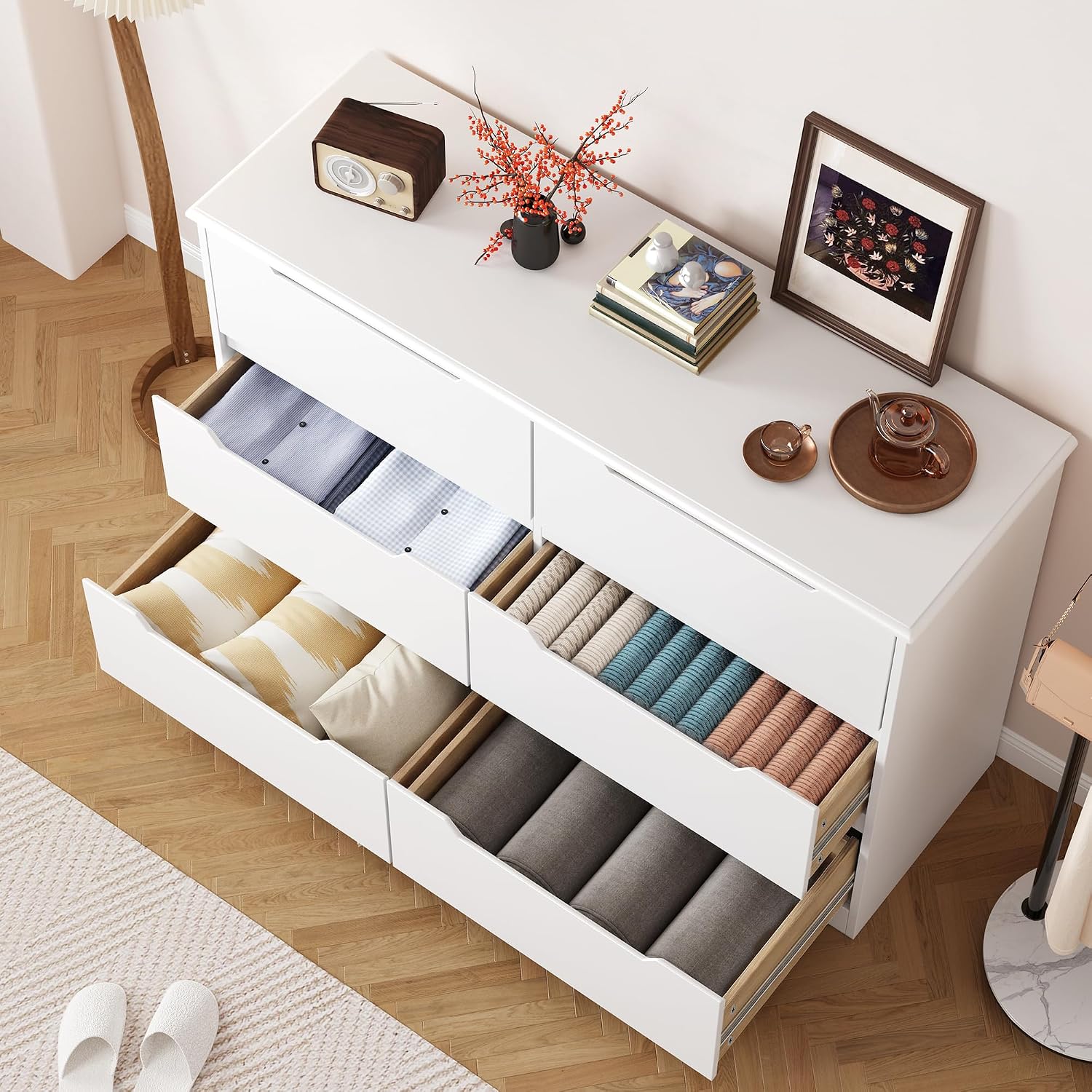 Gizoon 6 Drawer Double Dresser for Bedroom with Anti-Tip Design, Modern Wide Wooden Chest of Drawers with Cut-Out Handles, Closet Storage Organizer and TV Stand for Living Room, Hallway, Entryway