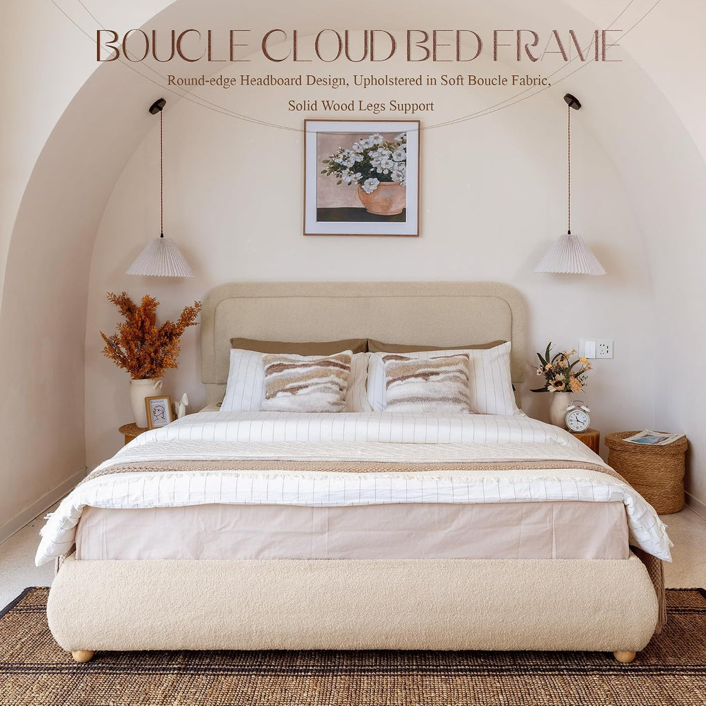 Yechen Boucle Cloud Full Bed Frame with Round Corner Headboard, Upholstered Soft Creamy Bedframe with Solid Wood Legs, Boho Fluffy Bed with Wooden Slats, Easy Assembly, No Box Spring Needed, Khaki