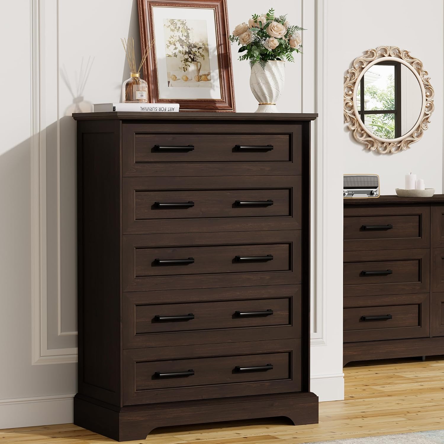 Furmax Farmhouse Dresser for Bedroom, 5 Drawers Dresser, Wood Chest of Drawers, 31.5' Wide Storage Dressers Organizer for Bedroom, Living Room (Brown)