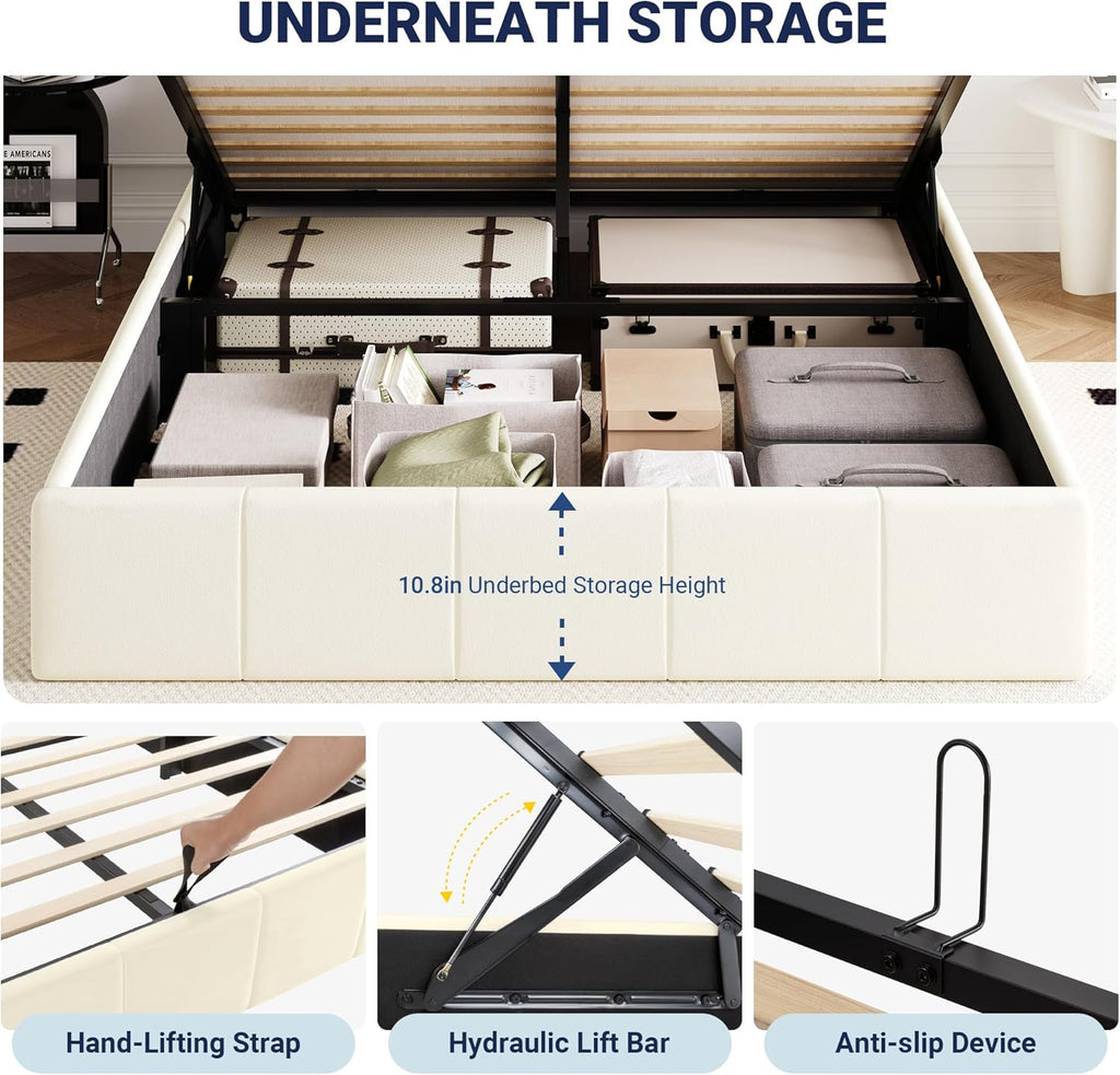 Allewie Full Size Velvet Lift Up Storage Bed Frame, Vertical Channel Tufted Headboard, Hydrualic Underneath Storage, Upholstered Platform Bed, Wooden Slats Support, No Box Spring Needed, Cream