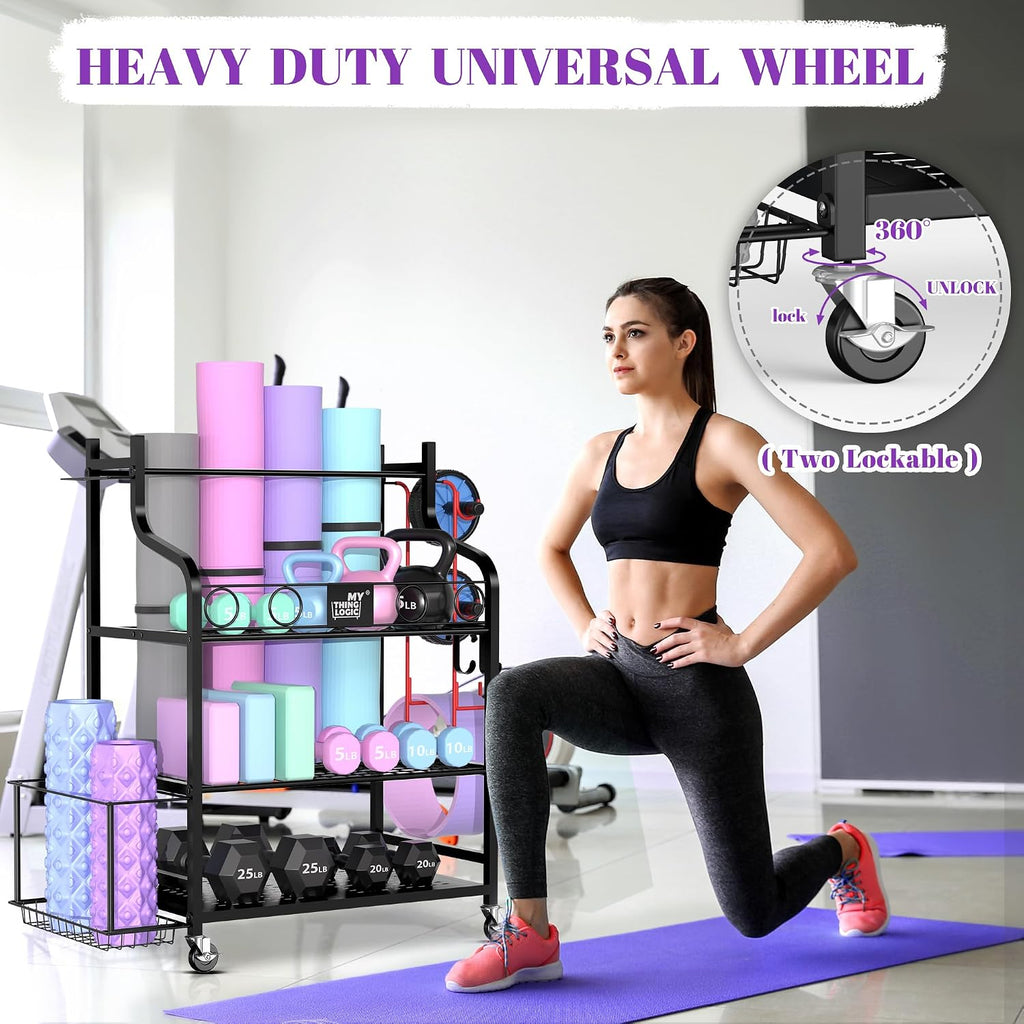 Mythinglogic Yoga Mat Storage Racks,Home Gym Storage Rack for Dumbbells Kettlebells Foam Roller, Yoga Strap and Resistance Bands, Workout Equipment Storage Organizer With Hooks and Wheels