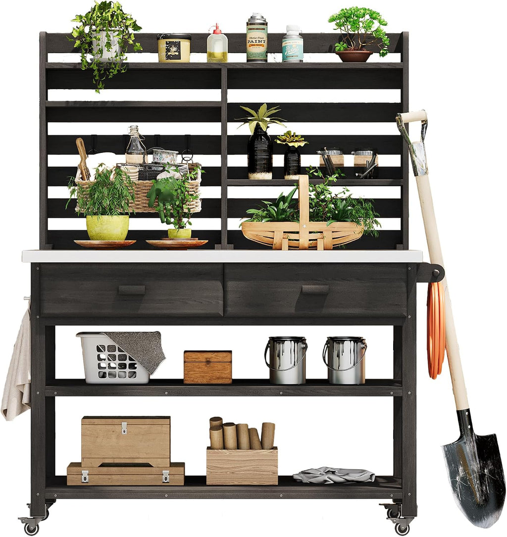 Outdoor Potting Bench Table with Lockable Wheels, Wood Outdoor Workbench with Upper Hutch, Stainless Steel Top, Towel Rack for Grilling, Lawn Garden (Black, 64.9' H)