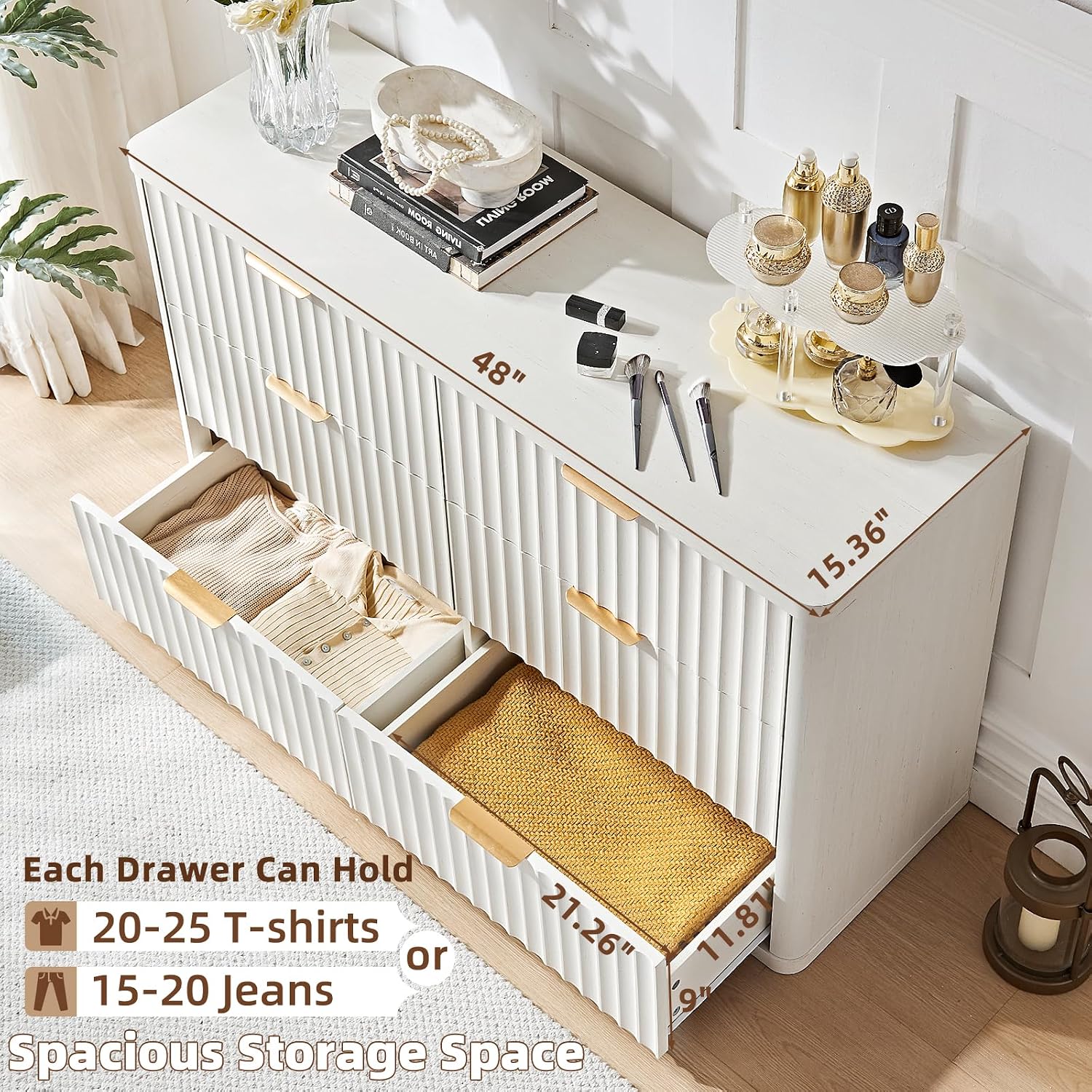LEYAOYAO Fluted Dresser and 2 Drawers Nightstand Set of 2, Wood 48' Wide Dresser & 23' Night Stand with Charging Station, 3 Piece Bedroom Furniture Set, Chest of Drawers for Living Room,Antique White