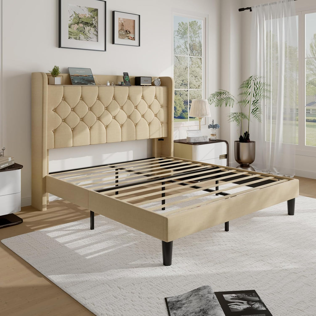 SHA CERLIN Full Size Platform Bed Frame with Charging Station, Linen Wingback Headboard with Storage Shelf, Wooden Slats Support, Ample Under-Bed Space, No Box Spring Needed, Easy Assembly, Beige