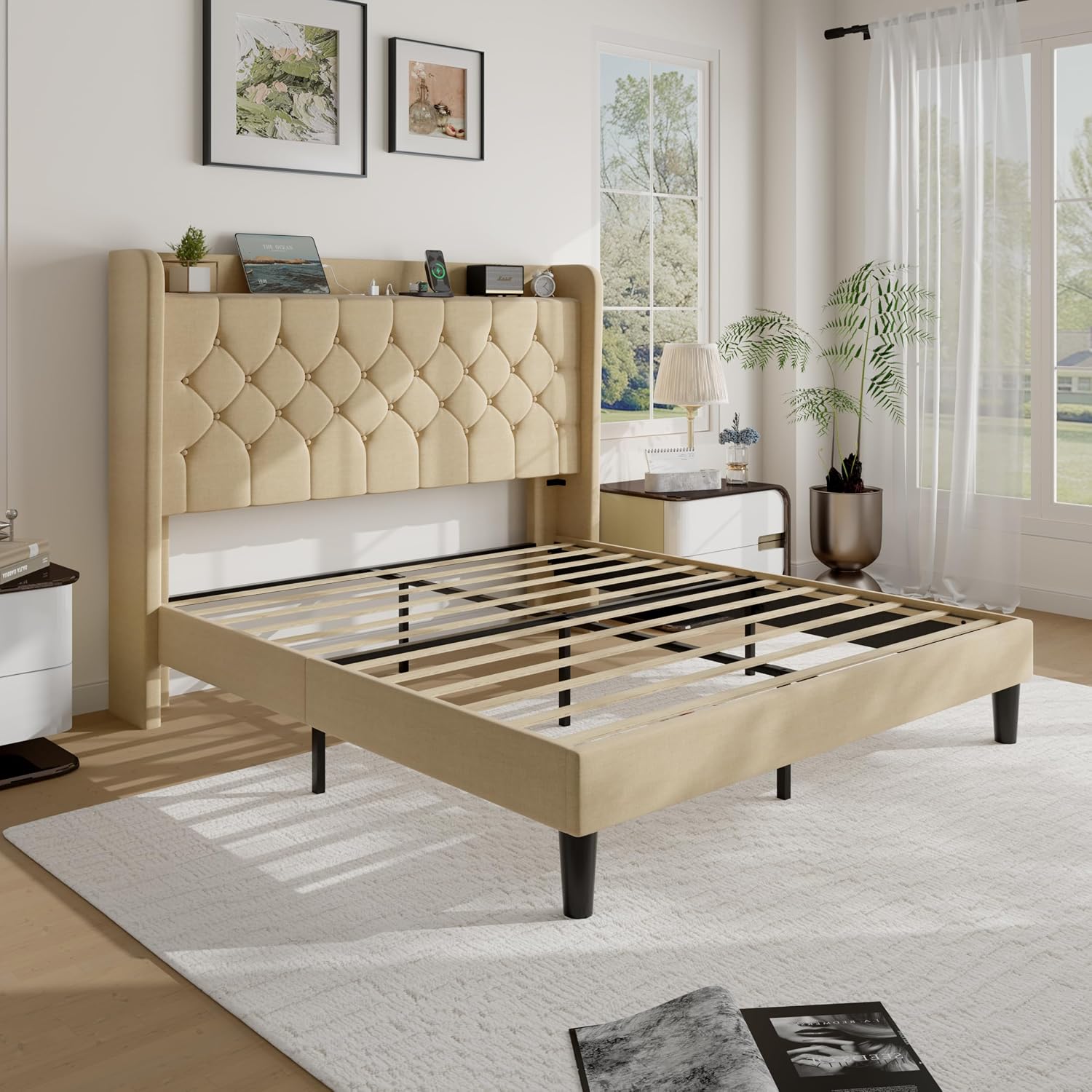 SHA CERLIN Full Size Platform Bed Frame with Charging Station, Linen Wingback Headboard with Storage Shelf, Wooden Slats Support, Ample Under-Bed Space, No Box Spring Needed, Easy Assembly, Beige