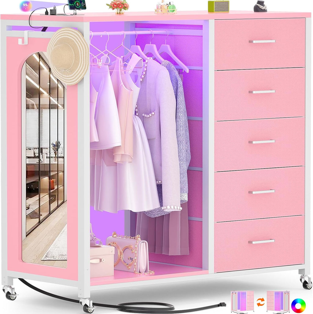Cyclysio Dresser for Bedroom with Clothes Rack & Mirror, 5 Fabric Drawers Dresser with Charging Station & LED Lights, Rolling Chest of Drawers with Wheels, Full Length Mirror, Wooden Top, Closet