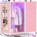 Cyclysio Dresser for Bedroom with Clothes Rack & Mirror, 5 Fabric Drawers Dresser with Charging Station & LED Lights, Rolling Chest of Drawers with Wheels, Full Length Mirror, Wooden Top, Closet