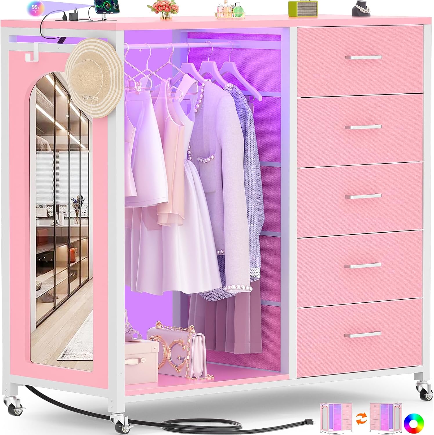 Cyclysio Dresser for Bedroom with Clothes Rack & Mirror, 5 Fabric Drawers Dresser with Charging Station & LED Lights, Rolling Chest of Drawers with Wheels, Full Length Mirror, Wooden Top, Closet
