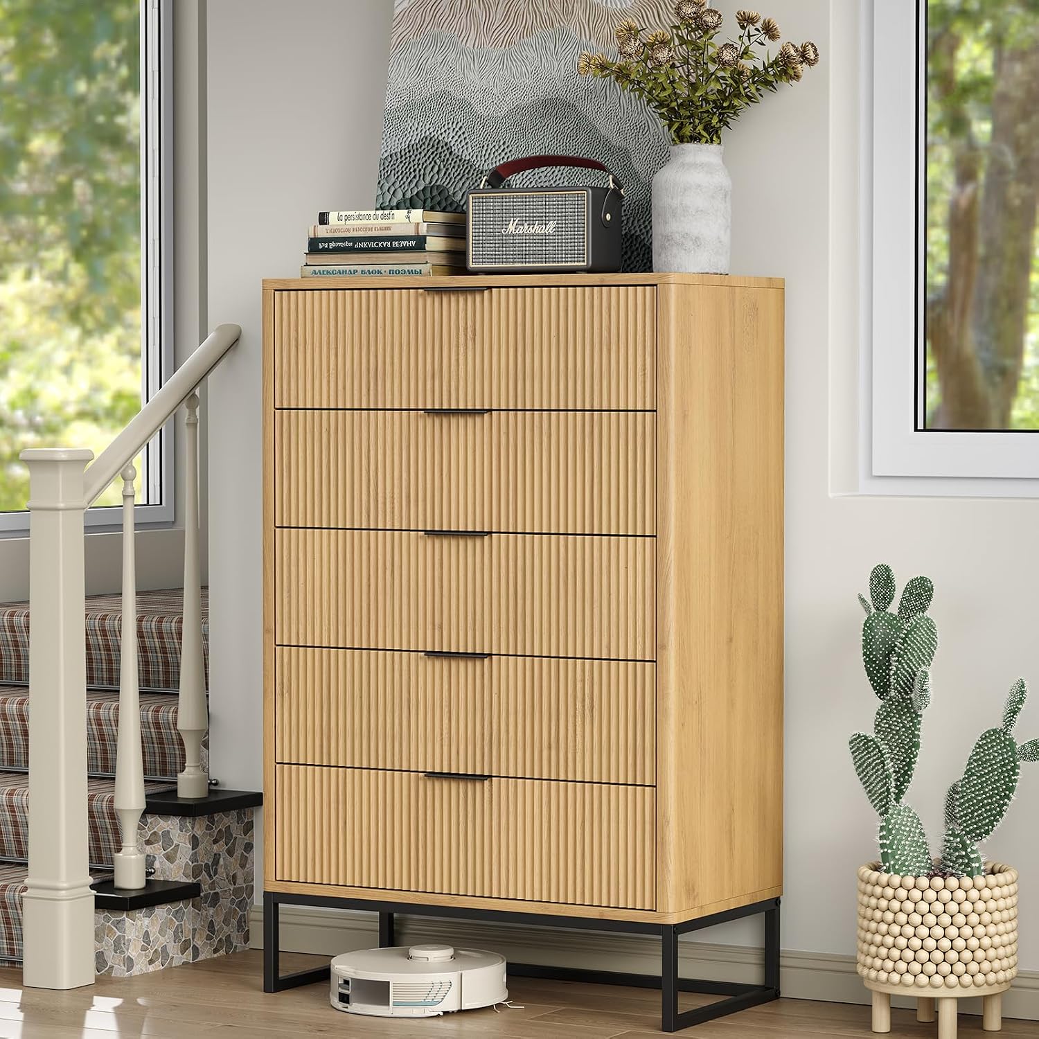 Furniouse Fluted 5 Drawers Dresser,Storage Drawers,Modern Closet Dressers Chest of Drawers, Wood Storage Dresser Organizer for Bedroom