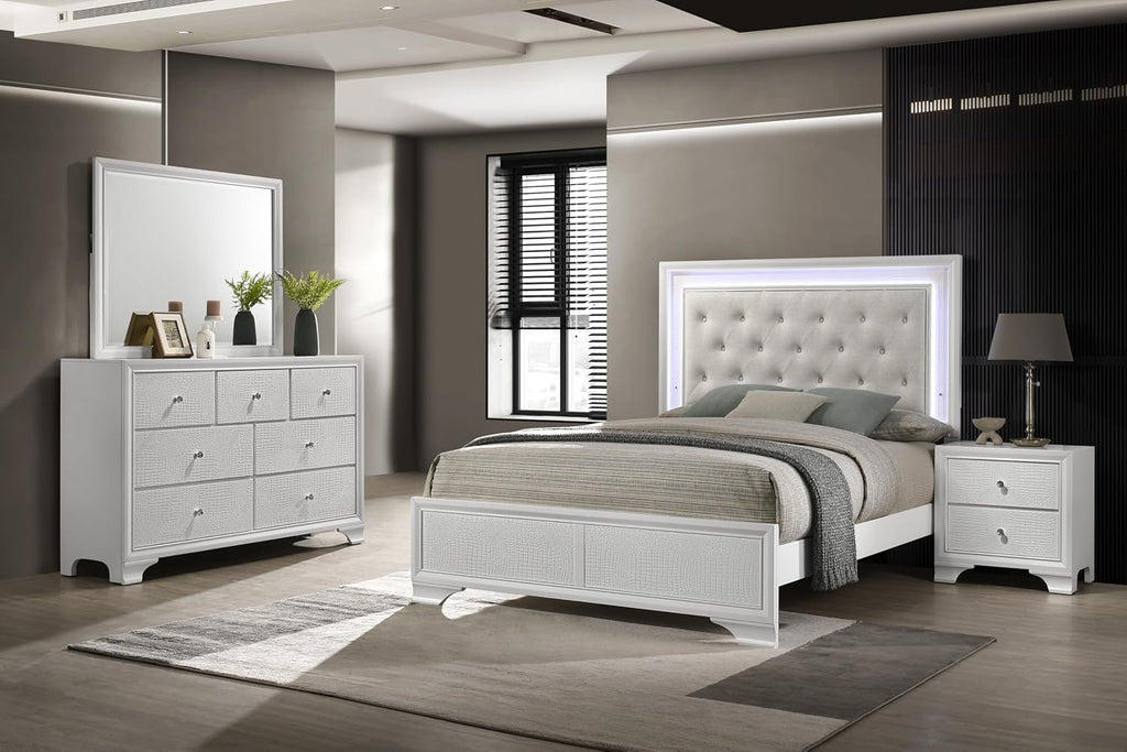 Modern Crisp White Textured Finish Tufted Headboard Integrated LED Lighting Full Size Bed Set 4pc Bedroom Furniture