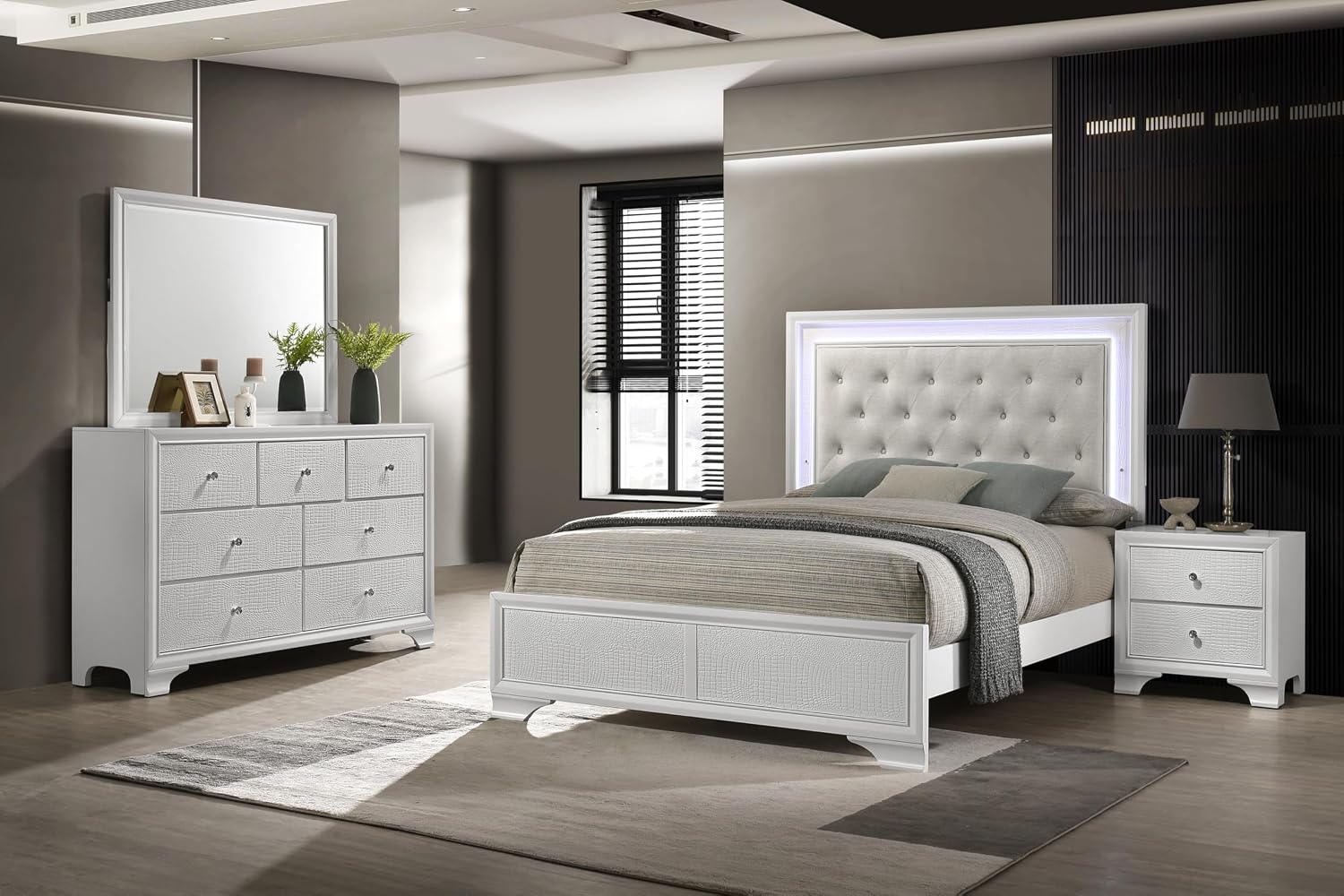 Modern Crisp White Textured Finish Tufted Headboard Integrated LED Lighting Full Size Bed Set 4pc Bedroom Furniture