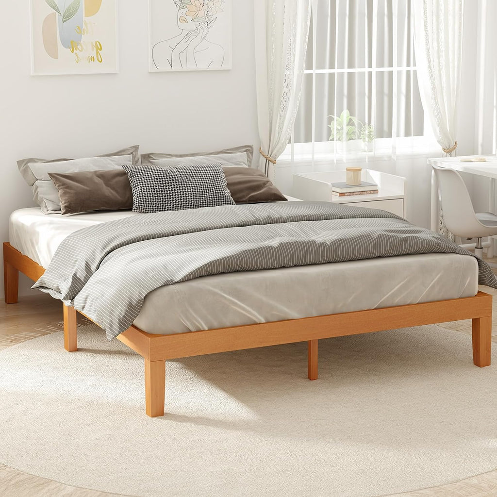 DUMOS Solid Wood Bed Frame, Full Size Bed Base with Wooden Slat Support, Sturdy, Stylish & Noise-Free Design, No Box Spring Needed, Easy Assembly, 12 in Natural Pine