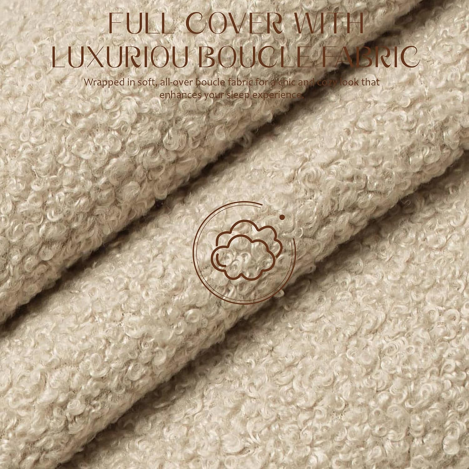 Yechen Boucle Cloud Full Bed Frame with Round Corner Headboard, Upholstered Soft Creamy Bedframe with Solid Wood Legs, Boho Fluffy Bed with Wooden Slats, Easy Assembly, No Box Spring Needed, Khaki