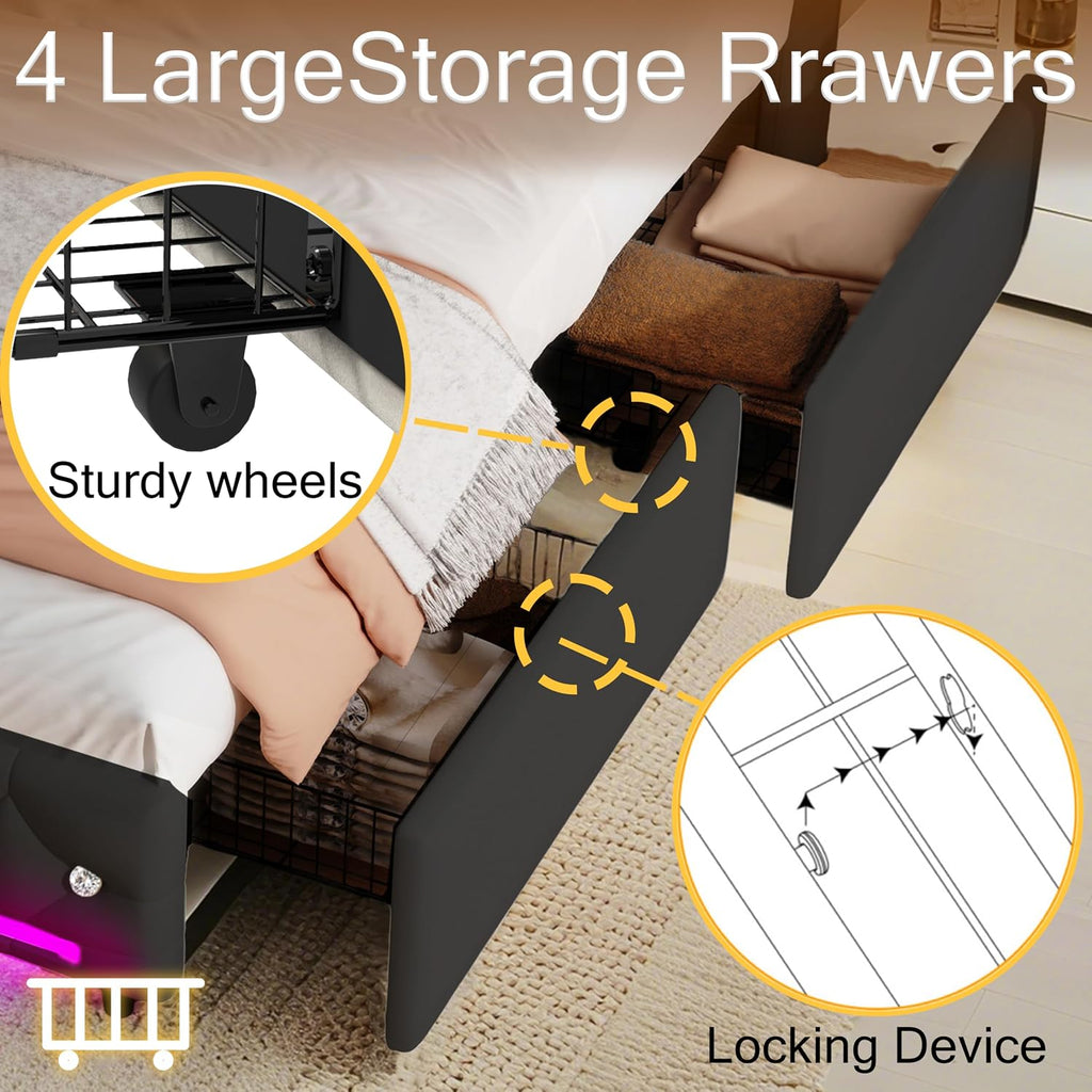 Juego 5-in-1 LED Queen Upholstered Platform Bed Frame with Bluetooth Speakers,Velvet Bed with Headboard,USB & Type-C Charging Station,4 Drawers Storage and Wooden Slats Support,Noise Free,Black