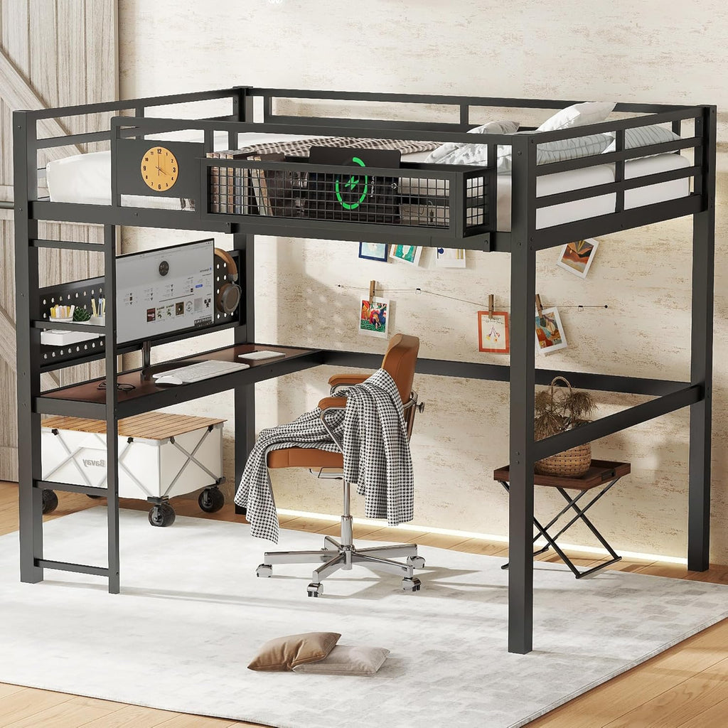 Bellemave Full Size Metal Loft Bed with Desk and Side Clock,Heavy Duty Loft Bed Frame with Charging Station and Pegboard for Kids,Teens,Adults,Full Size,Black