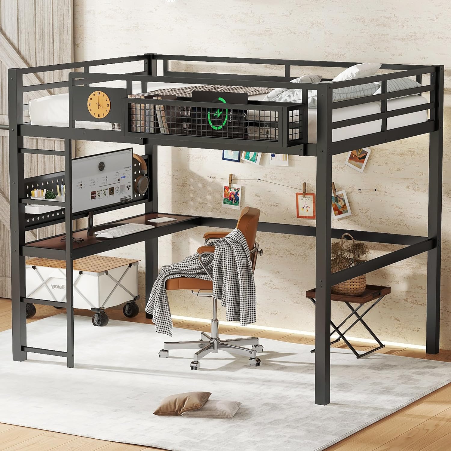 Bellemave Full Size Metal Loft Bed with Desk and Side Clock,Heavy Duty Loft Bed Frame with Charging Station and Pegboard for Kids,Teens,Adults,Full Size,Black