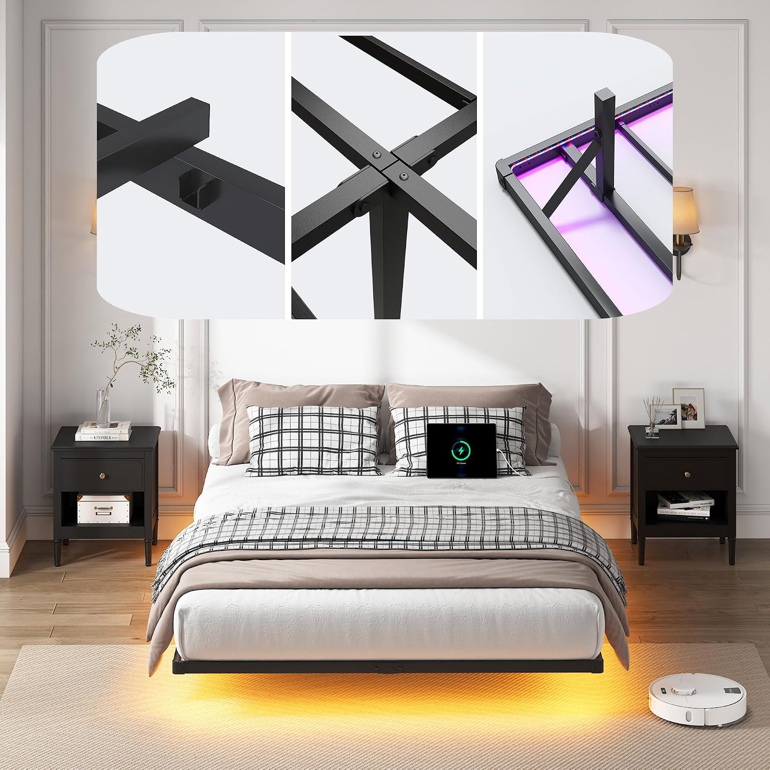 YORMDMO Floating Bed Frame Queen Size, Heavy Duty Bedframe with Smart LED Lights & Charging Station, Modern Metal Platform Bed, Easy Assembly No Box Spring Needed, 8 Inch