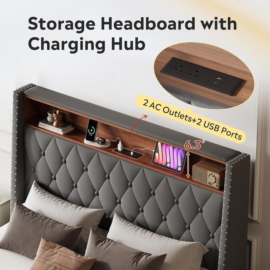 WLIVE Full Size Upholstered Bed Frame with 48'' Tall Wingback Headboard, Velvet Square Tufted Platform Beds with Charging Station, Sturdy Metal & Wooden Slats Support, Grey