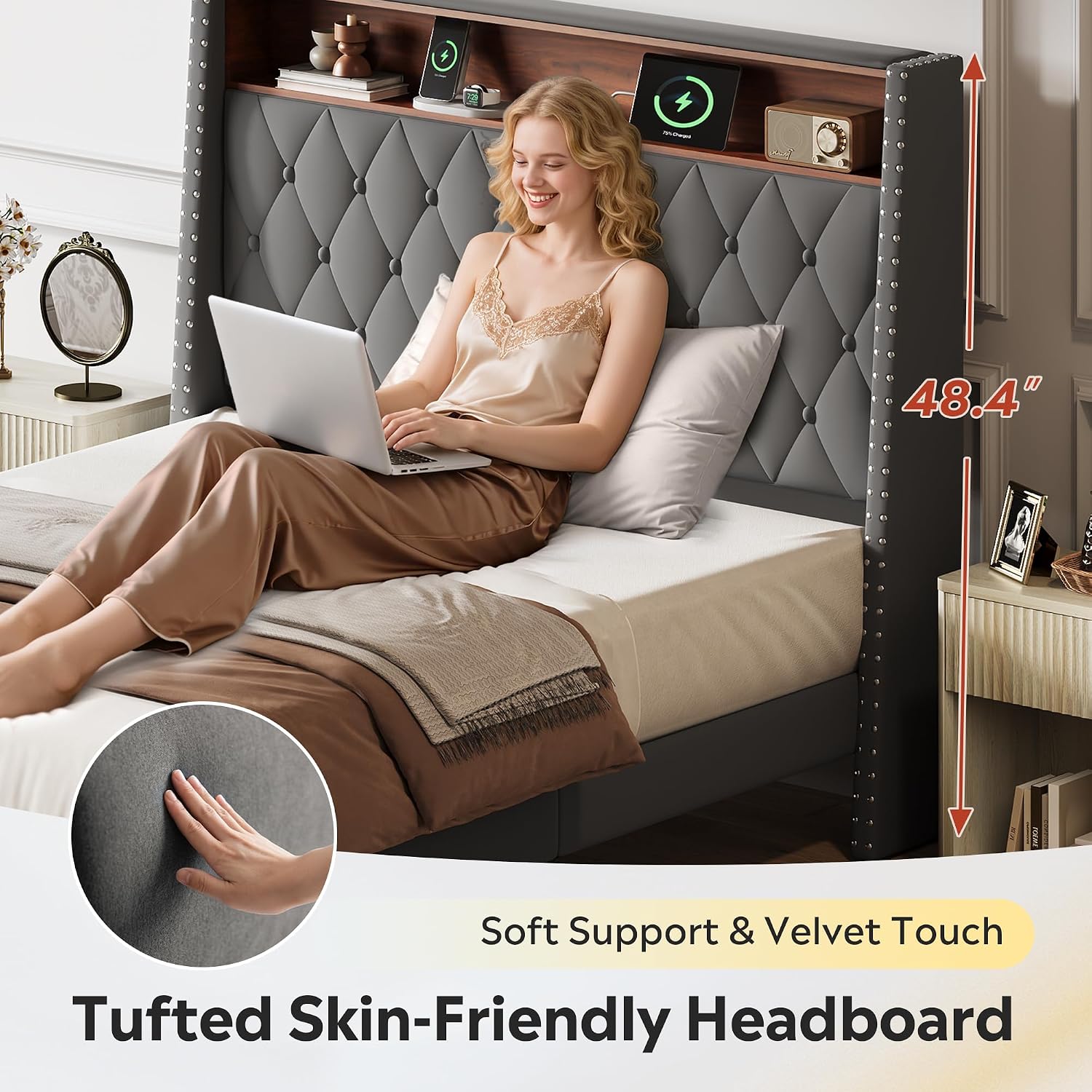 WLIVE Full Size Upholstered Bed Frame with 48'' Tall Wingback Headboard, Velvet Square Tufted Platform Beds with Charging Station, Sturdy Metal & Wooden Slats Support, Grey