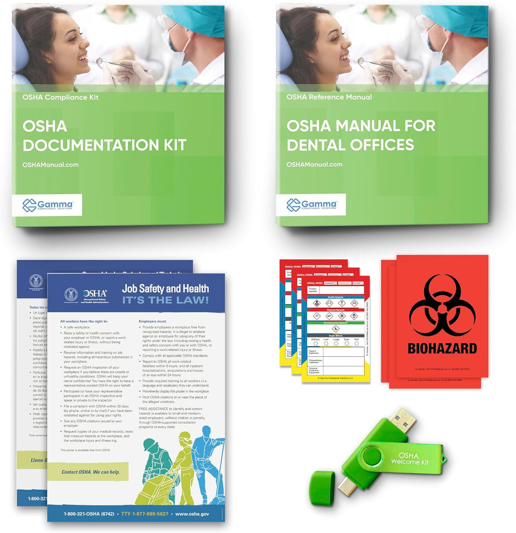 OSHA & HIPAA Package for Dental Offices: Hardcopy Manual (Regulations/Standards), Policies/Forms (USB), Training Outline/Test, Resource USB, Posters, Labels (All Other States)