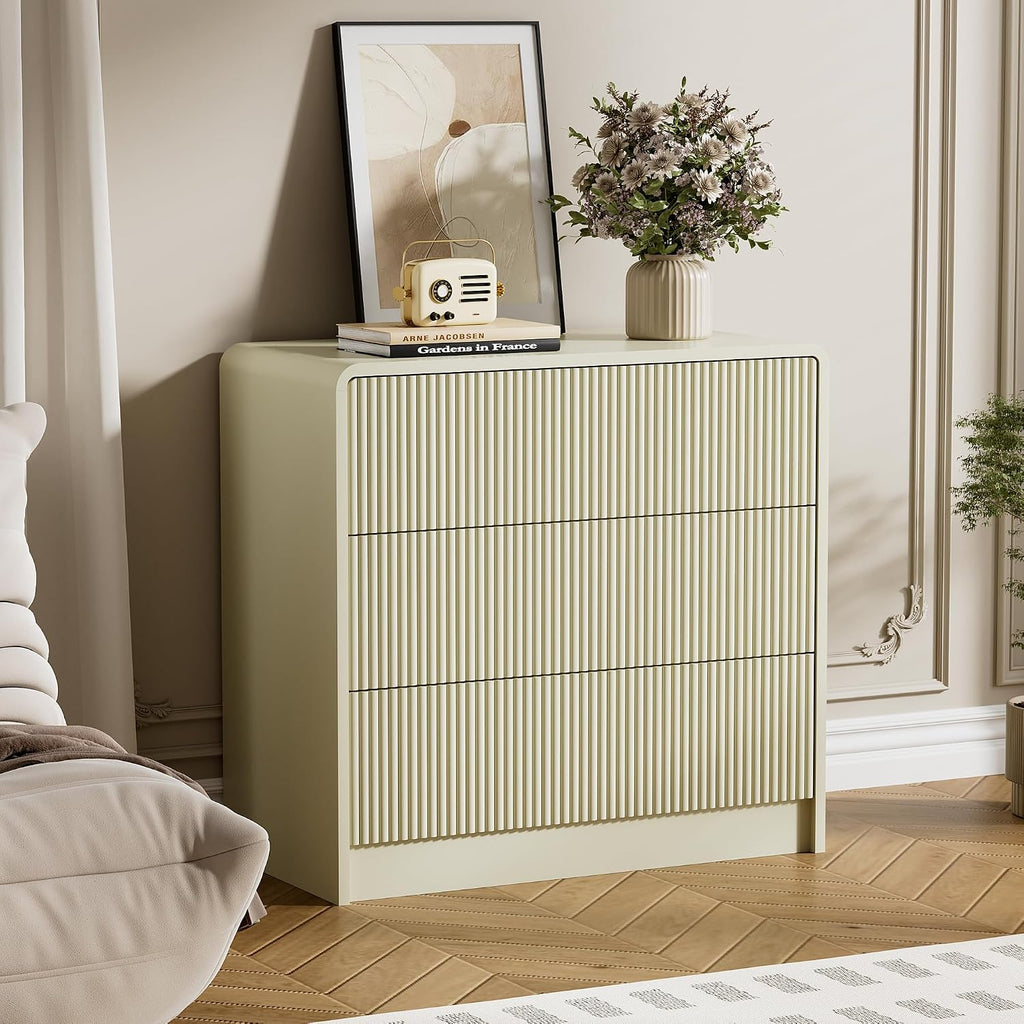Furniway Beige 3 Drawer Dresser, 32' Wide Wood Chest of Drawers with Curved Design, Modern Fluted Dresser with Push-to-Open Storage for Bedroom