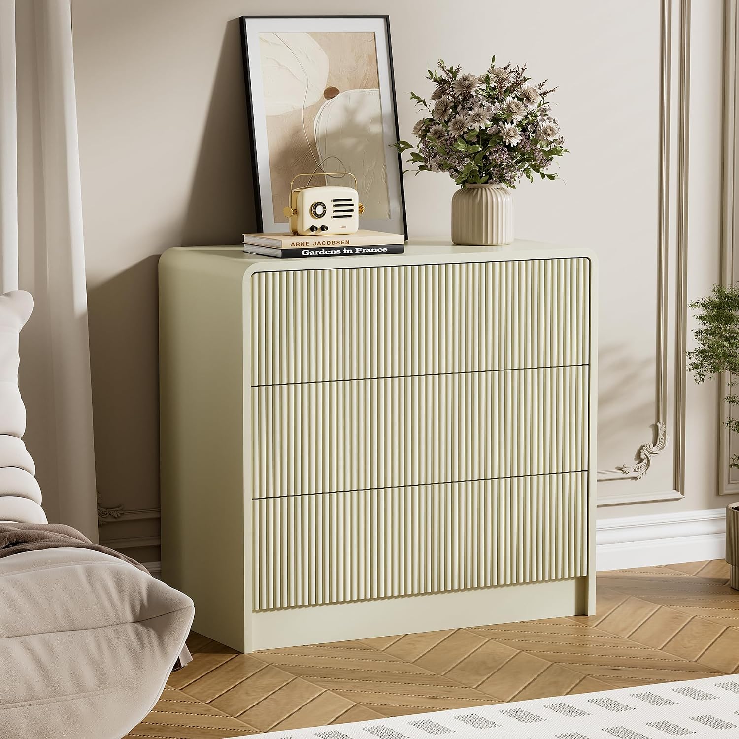 Furniway Beige 3 Drawer Dresser, 32' Wide Wood Chest of Drawers with Curved Design, Modern Fluted Dresser with Push-to-Open Storage for Bedroom