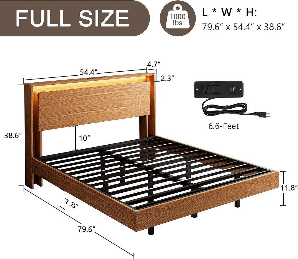 Full Size Bed Frame with LED Lights & Charging Station – Kids Wood Floating Bed Frame with Storage Headboard, Adhesive Slats, Kick-Free & Noise-Free Design, Easy Assembly, Walnut