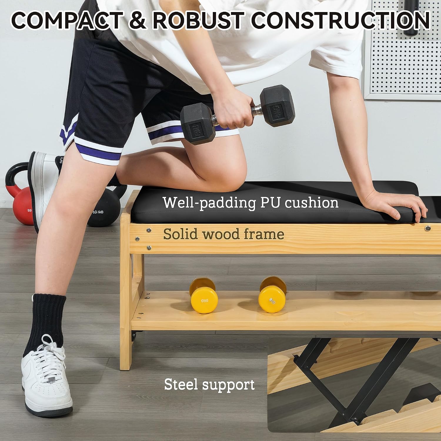 Soozier Adjustable Weight Bench with Dumbbell Rack, Wooden Workout Bench, Flat or Incline Bench for Home Gym Weight Lifting Training