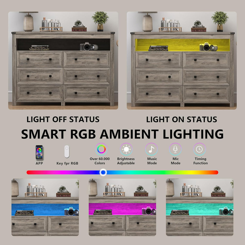 Dresser for Bedroom with 6 Drawers, Wide Chest of Drawers with LED Light and Power Outlet, Wooden Closet Organizer Clothes Storage Cabinet, Modern Double Dressers for Living Room, Hallway, Grey