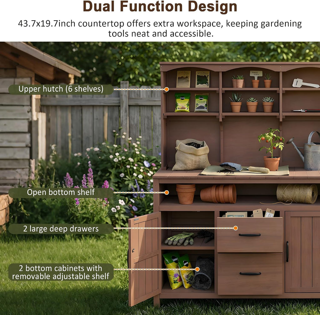 Polibi Large Fir Wood Potting Bench 45.3' Outdoor Patio Kitchen Island with Hutch, Cabinets, Drawers & Hooks, Multi-Functional Gardening Workbench for Grill, Brown