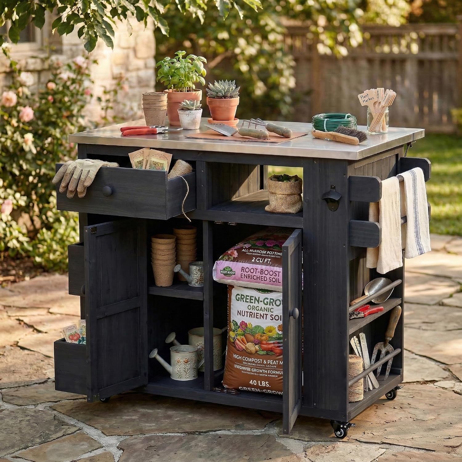Outdoor Solid Wood Extendable 19.3''/28'' Kitchen Island,Stainless Steel Top Grill Table with Side Spice Rack,Drawers,for Backyard, BBQ,Party (Black-D)