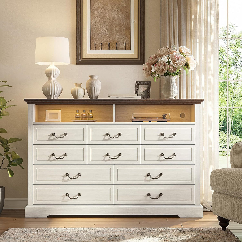 EnHomee 10 Drawers Dresser for Bedroom 55.2''Wide Wood Dresser White with LED & Power Outlet Large Space Saver & Chests of Drawers for Hallway, 55.2' W x 39.4' H x15.8 D
