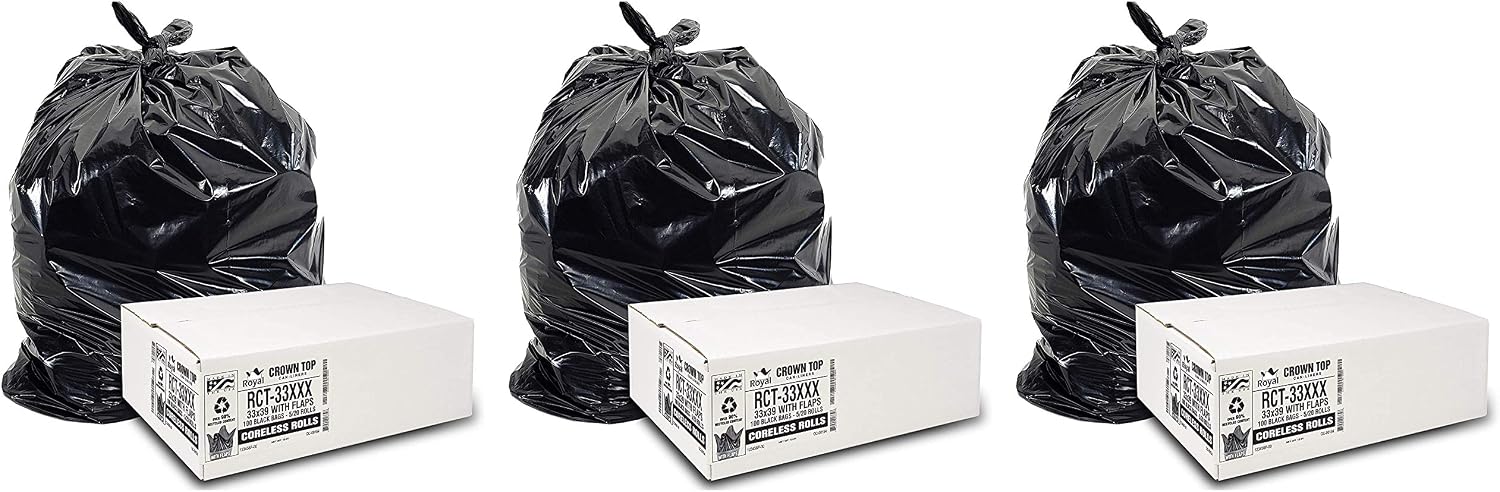 Heavy Duty 33 Gallon Trash Bags (Huge 100 Ct. /w Flap Ties) - 2 MIL equiv. Thick Gauge Large Black Plastic Garbage Liners for Kitchen,Yard,Brute/Rubbermaid(1 Pallet of 100 Cases, 10000 Bags Total)