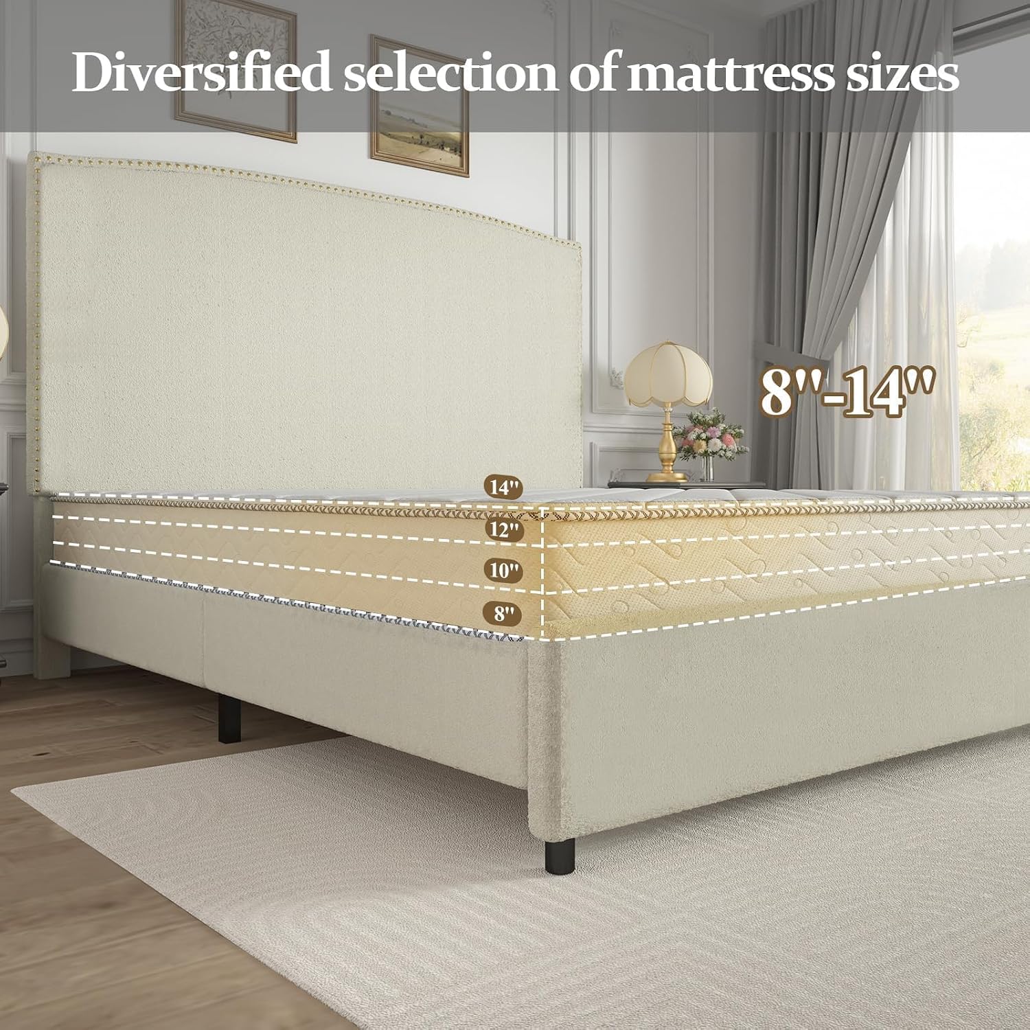 BarnFurin Queen Size Chenille Bed Frame with 56' Tall Headboard, Upholstered Platform Bed with Nailhead Trim Headboard, Soft Boucle Fabric, No Box Spring Needed, Easy Assembly, Beige