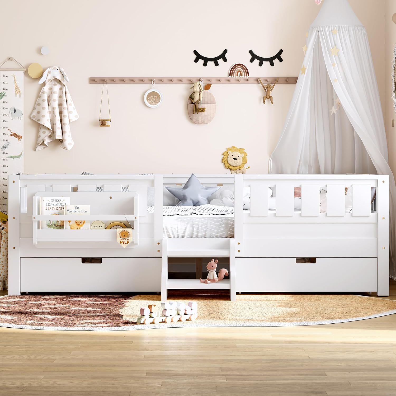 Bellemave Queen Size Bed with Slats and Stairs, Queen Size Platform Bed Frame with Fence, Bookshelf and Storage Drawers, Easy Assemble Beds for Girls, Boys, White