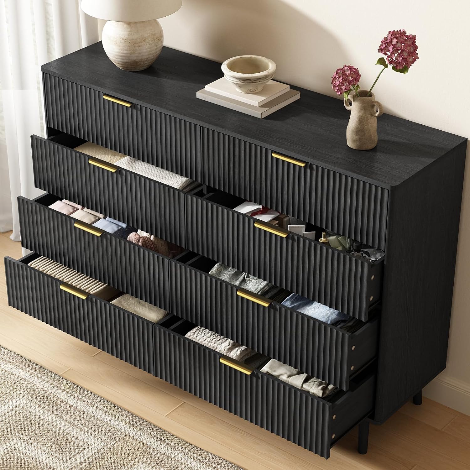 CARPETNAL Fluted 8 Drawer Dresser for Bedroom, 55' Wide Wooden Chest of Drawers with Rounded Corners, Gold Handles, Modern Storage Organizer for Bedroom, Hallway(Black)