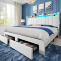 Allewie King Size Bed Frame with 2-Tier LED Storage Headboard, Velvet Upholstered King Platform Bed with 2 Storage Drawers, USB & Type-C Charging Ports, Noise-Free/No Box Spring Needed, White