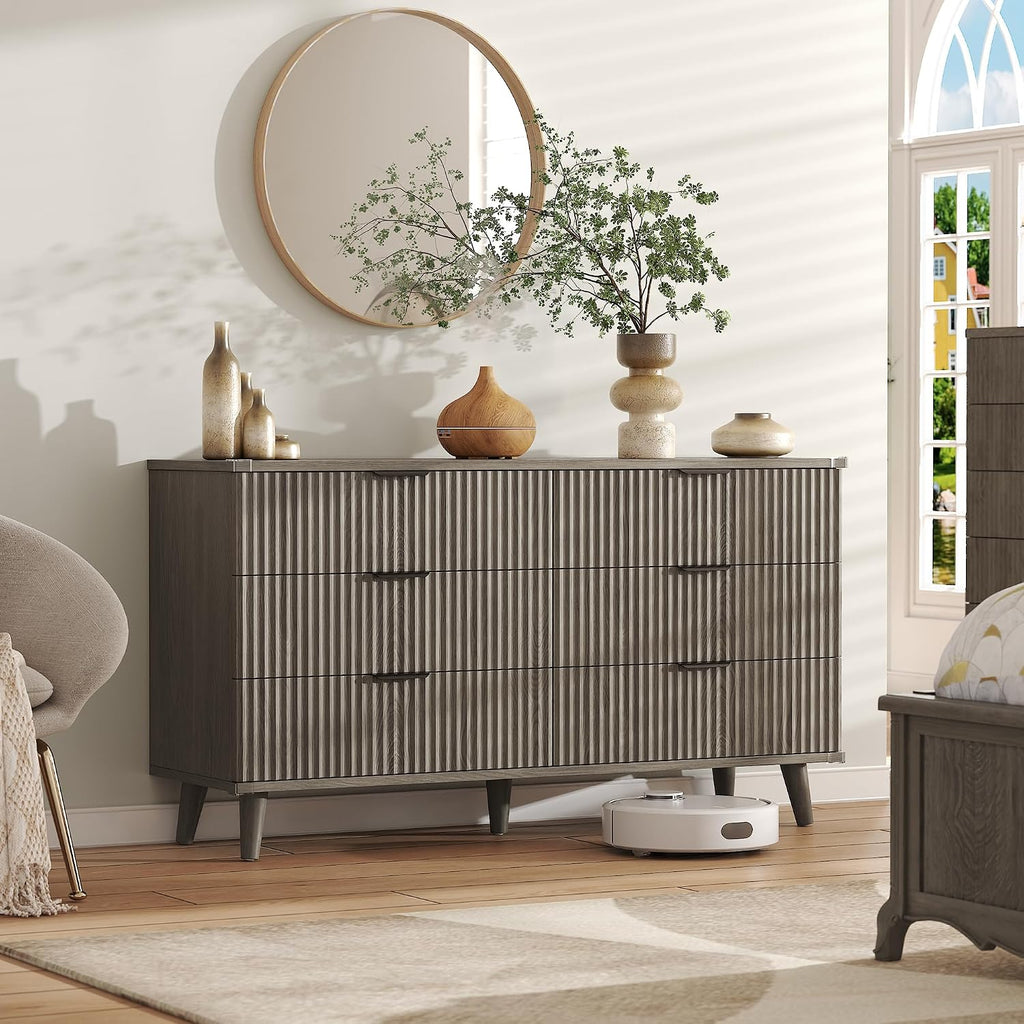 Lulive Wood Dresser for Bedroom with 6 Drawers, 53.2' Long Fluted Modern Chest of Drawers Storage Organizer, Dressers TV Stand for Living Room, Closet, Hallway (Dark Grey Oak)