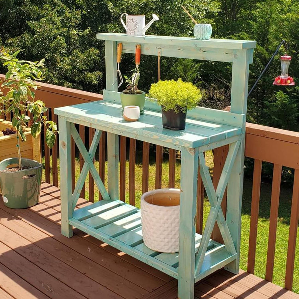 Potting Bench Work Station Garden Wooden Potting Bench Table Work Station Open Shelves Multi-Function Workbench Storage Shelf w/Hook