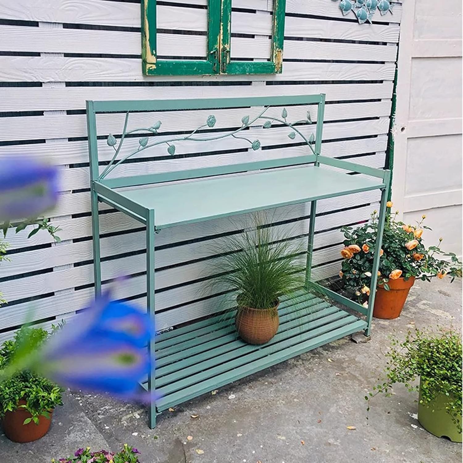 Potting Bench, Outdoor Patio Metal Potting Table with 2- Tier Open Shelf, Garden Work Station Table for Planting (Color : Green, Size : 126.5x45x115.5cm)