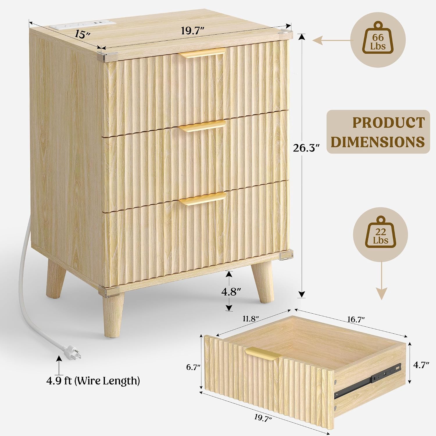 Lulive Wood Night Stand Set 2 Fluted Dresser for Bedroom 3 Drawers End Tables Nightstand with Charging Station, Storage Modern Side Table Natural