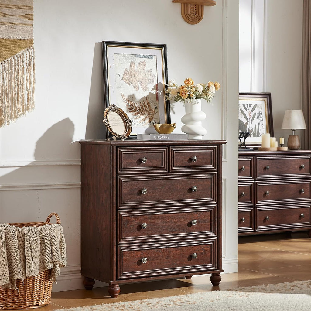 RWYHG Farmhouse 5 Drawer Dresser for Bedroom, 35.5' Walnut Tall Small Dressers & Chest of Drawers, Rustic Wood Dresser with Roman Column, Storage Organizer for Living Room, Hallway, Closet