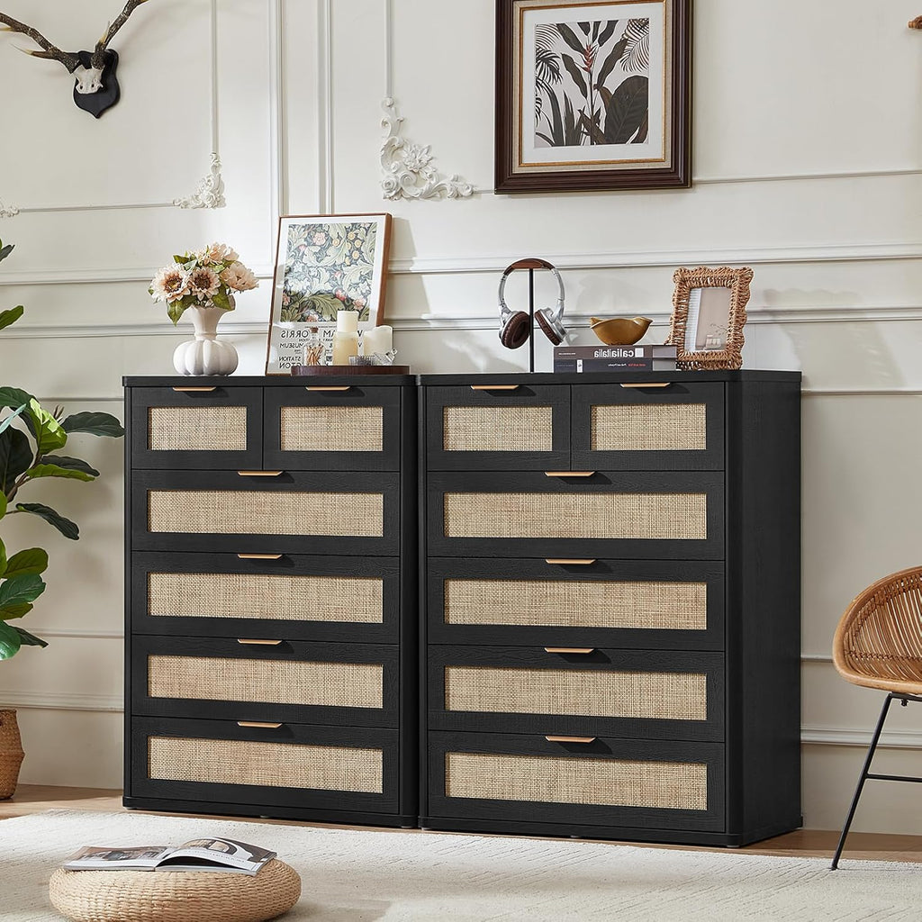 LEYAOYAO Rattan Dresser for Bedroom Set of 2, 42' Tall Chest of Drawers, Modern 6 Drawers Boho Dressers with Storage, Light Oak Dresser Wooden Closet Organizer for Living Room, Hallway, Black