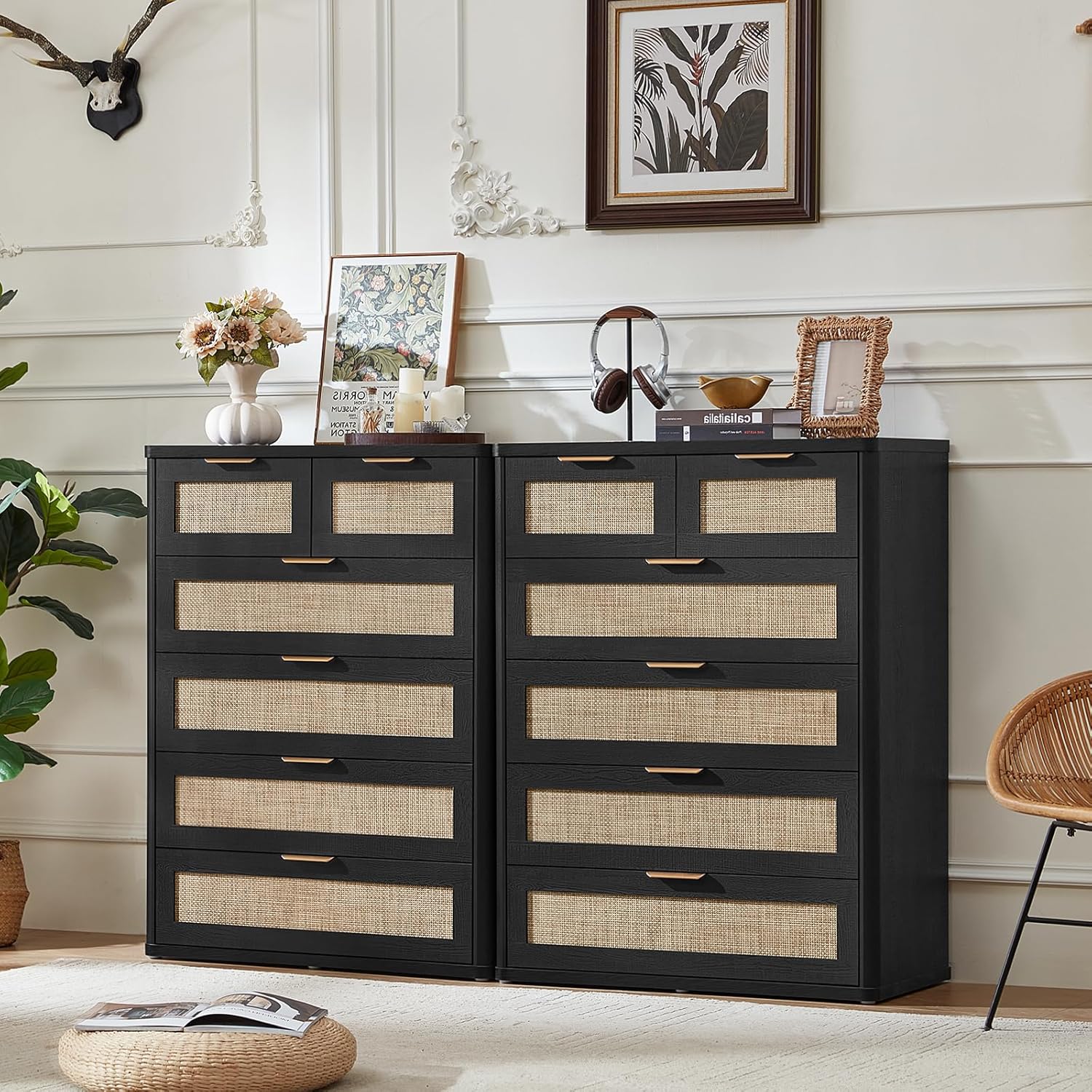 LEYAOYAO Rattan Dresser for Bedroom Set of 2, 42' Tall Chest of Drawers, Modern 6 Drawers Boho Dressers with Storage, Light Oak Dresser Wooden Closet Organizer for Living Room, Hallway, Black