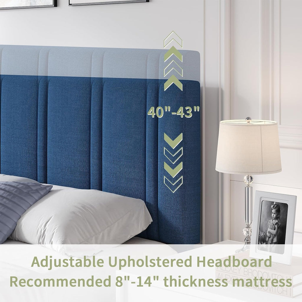 MaverickFurni Full Size Bed Frame with Headboard, Linen Fabric Upholstered Platform Bed Frame with Wooden Slats, Modern Style, No Box Spring Needed, Easy Assembly, Blue